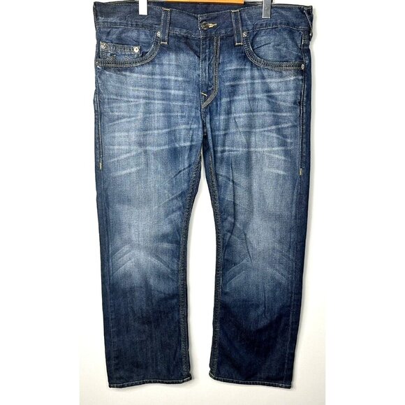 True Religion Mens Jeans Straight QT Green Combo Chestnut Path Denim Size 38x28 - Picture 1 of 16